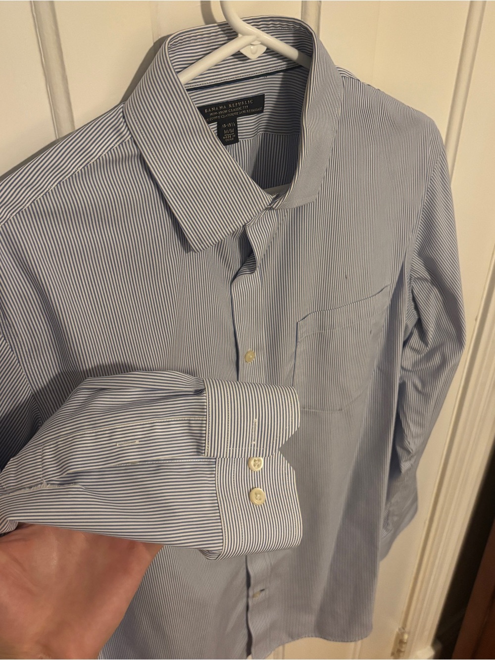 Banana Republic Men's Light Blue and White Pinstripe Dress Shirt